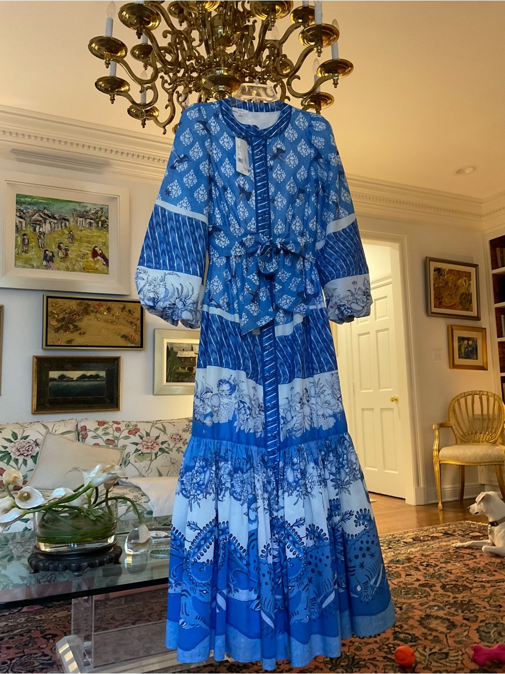 Blue Printed Maxi Dress with Tie Waist
